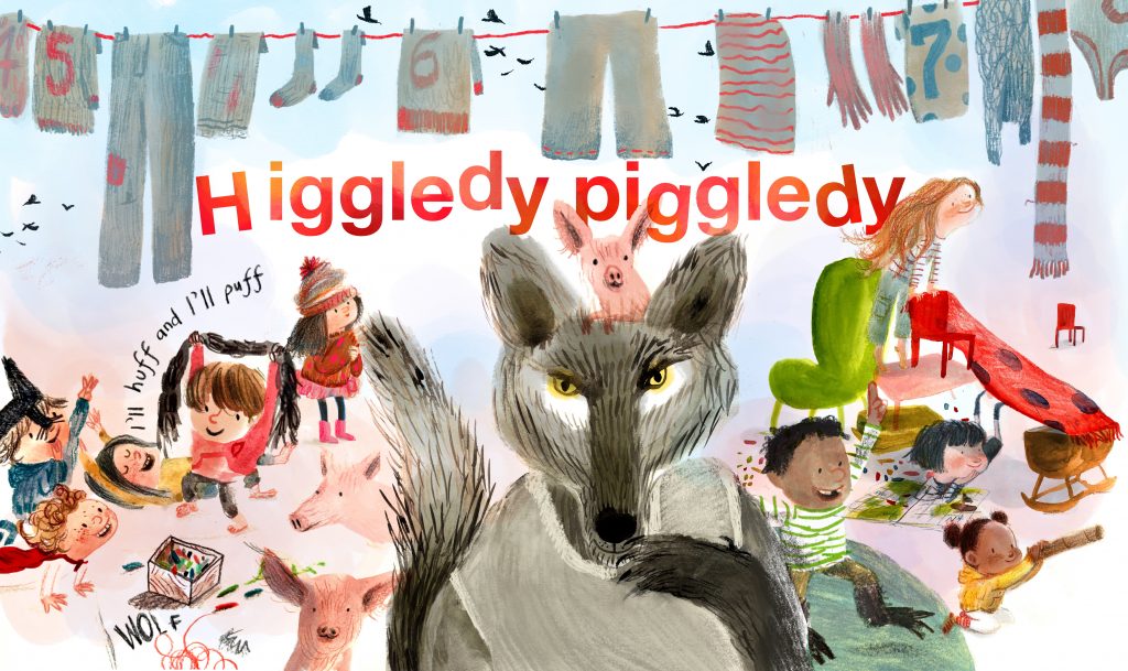 A wolf in a tshirt is amidst a playroom of kids, piglets and washing - the words higgeldy piggery are set in amongst them