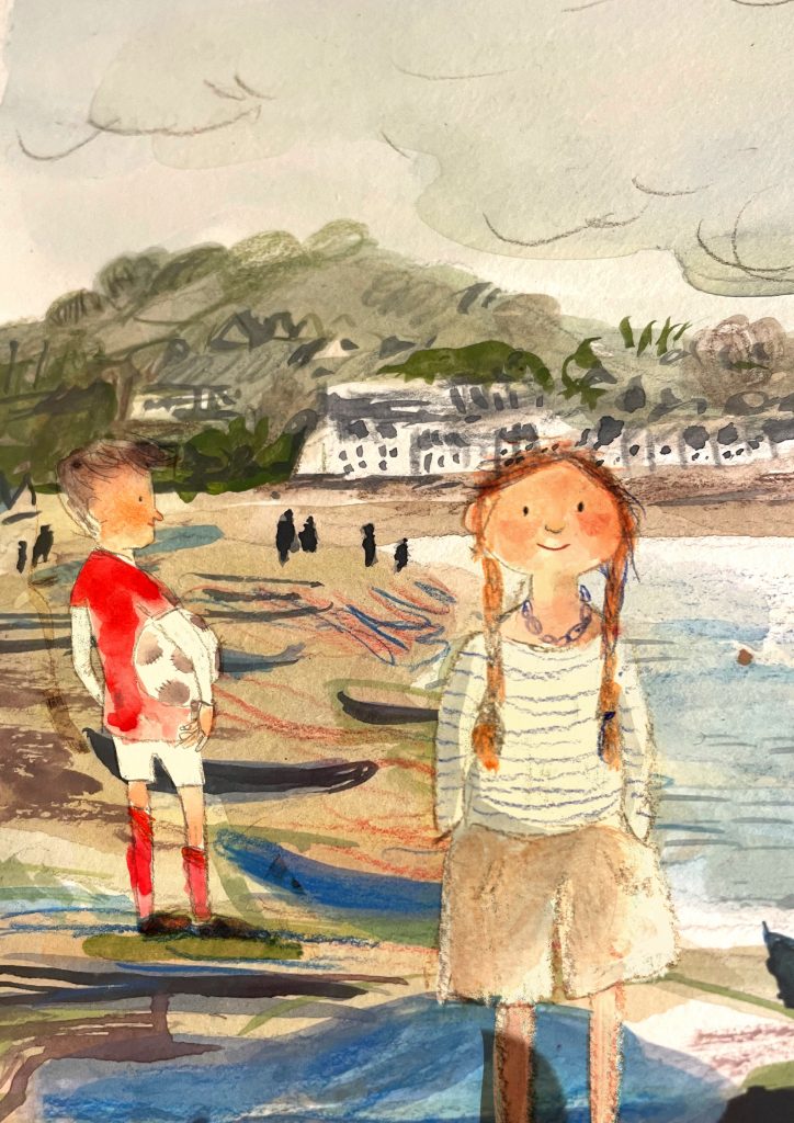 Watercolour illustration of a grey day on the Back Beach in Teignmouth, Devon. A girl poses to the viewer, teen boy in football attire side eyes her.
