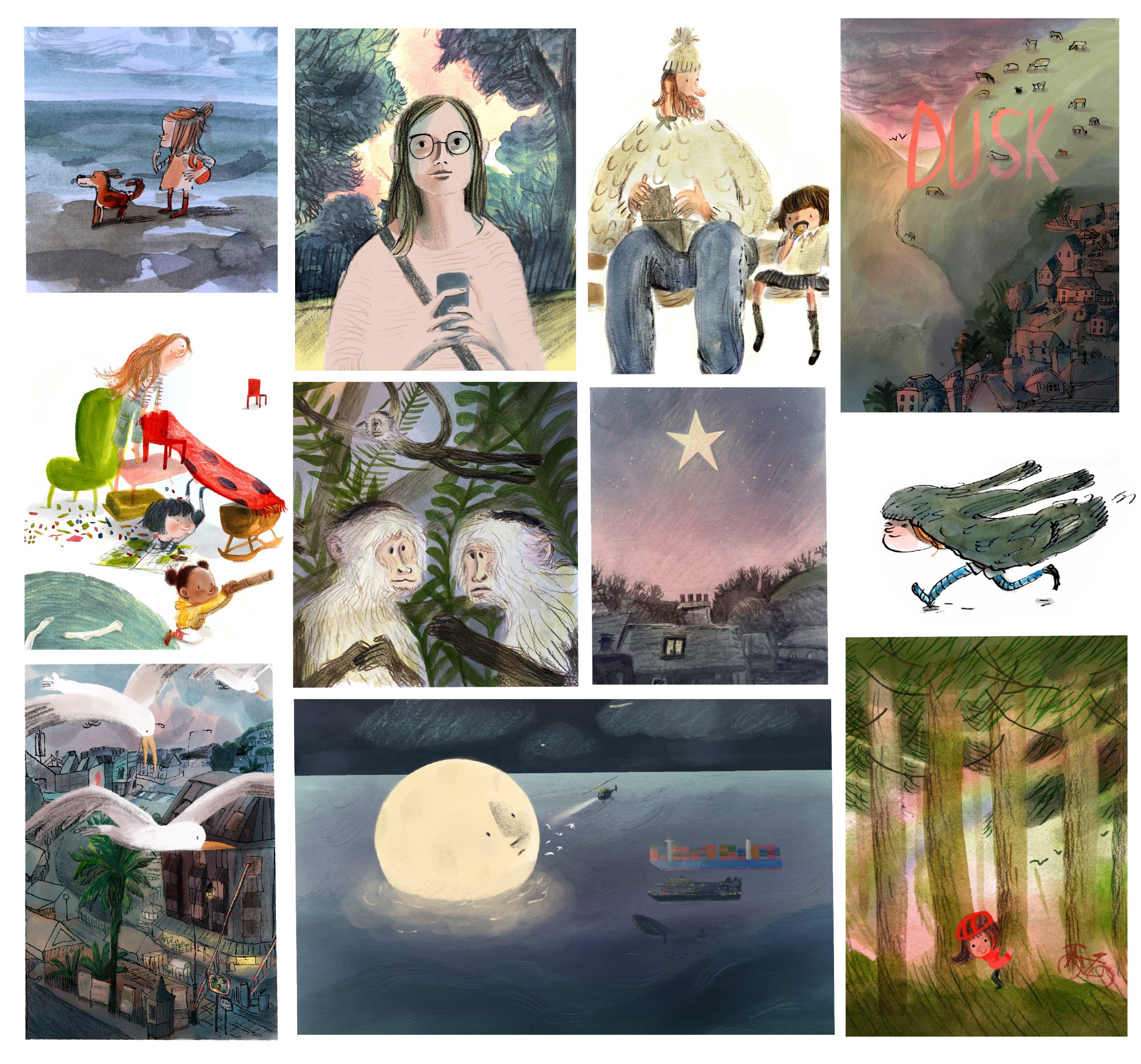 an array of warm earthy hand drawn childrens picture book illustrations, scenes at the sea, in nature, sunsets.