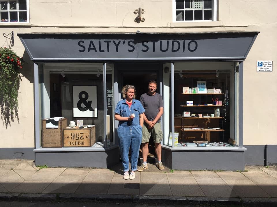 Cecily Salt stood outside the screenprinting shop she ran with her husband Jim Salter, in Ashburton Devon. 2020